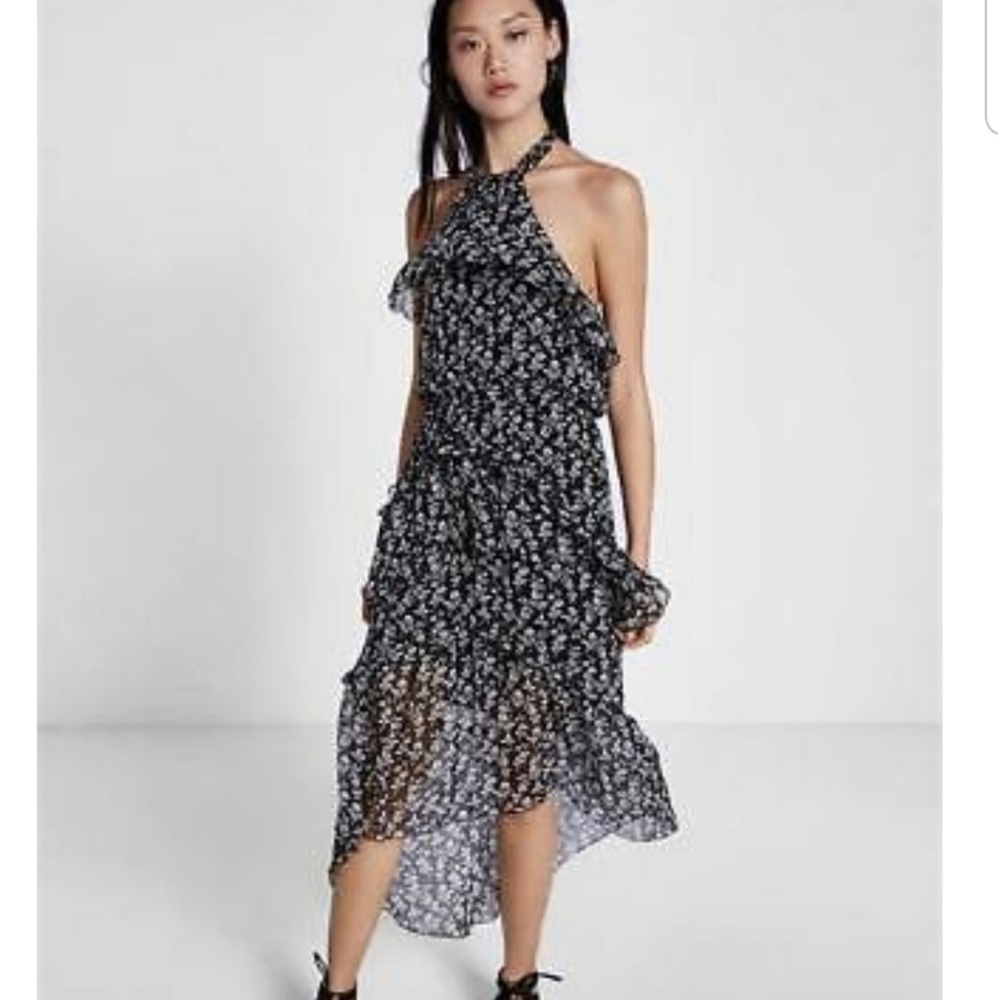 Black and White 🖤🤍  tiered, chiffon, high low, halter dress from Express